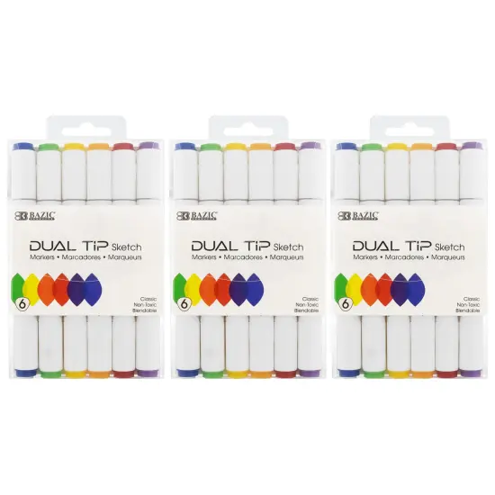 Dual Tip Sketch Markers, Primary Colors, 6 Per Pack, 3 Packs {1}
