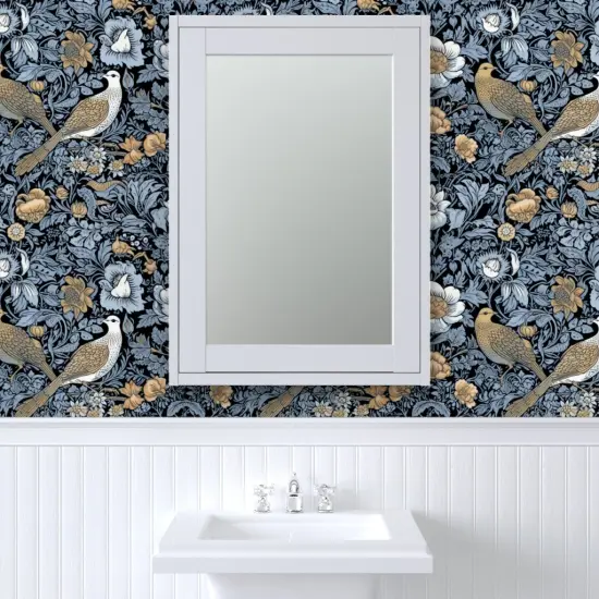Peel & Stick Wallpaper 2FT Wide Blue Victorian Damask Art Nouveau Love Birds Floral Botanical Large Scale Baroque Nature Doves Custom Removable Wallpaper by Spoonflower {6}