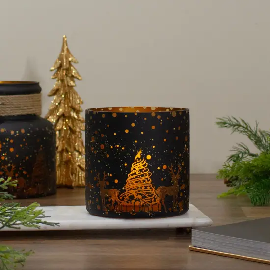 Northlight 6" Black and Gold Deer and Pine Trees Flameless Glass Candle Holder {3}