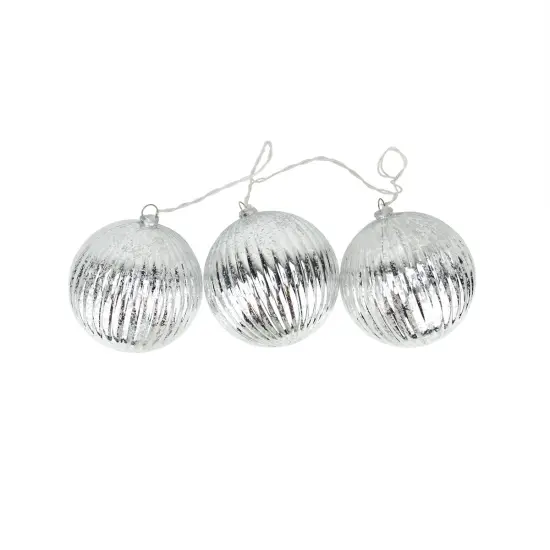 PENN Lighted Ribbed Mercury Glass Finish Ball Christmas Ornaments - Silver - Clear Lights - Set of 3 {3}