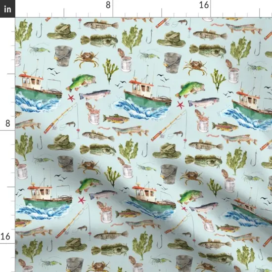 Various Fabrics by the Yard or Fat Quarter Watercolor Adventure Fish Boat Nautical Light Blue Custom Printed Fabric by Spoonflower {2}