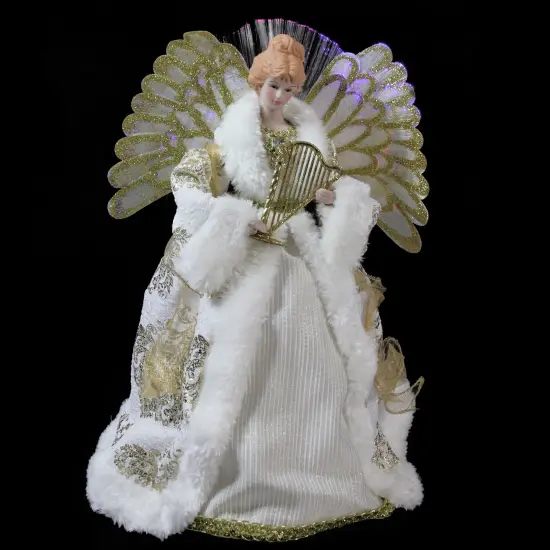 Northlight 12" Lighted Fiber Optic Angel in Gold and Cream Gown with Harp Christmas Tree Topper {3}