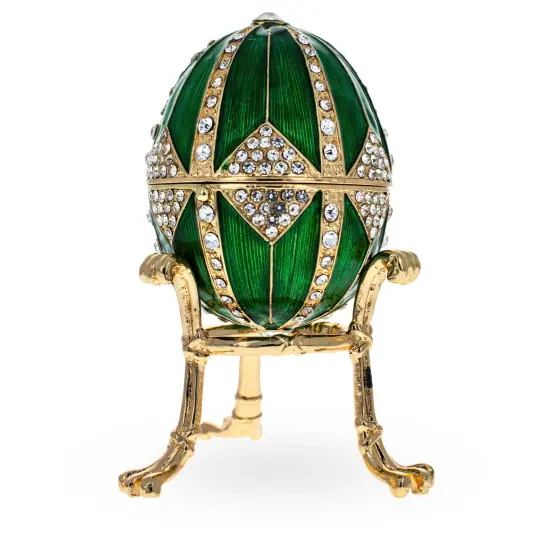 Crystal Rhombus on Green Enamel Royal Inspired Imperial Egg 3.15 Inches {1}