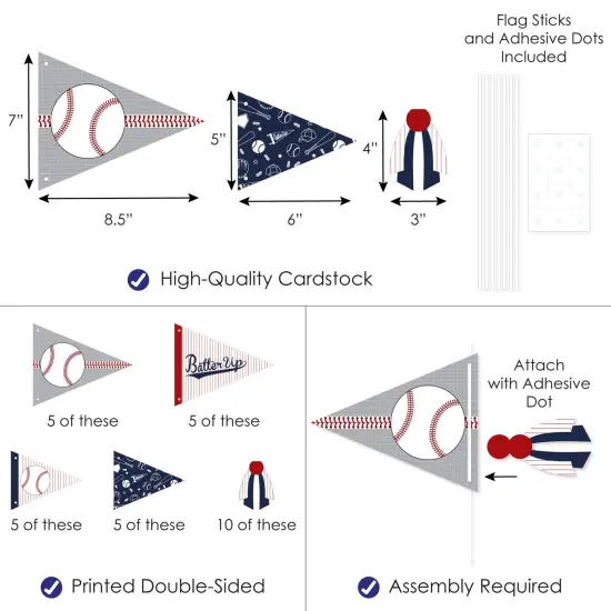 Big Dot of Happiness Batter Up - Baseball - Triangle Baby Shower or Birthday Party Photo Props - Pennant Flag Centerpieces - Set of 20 {4}