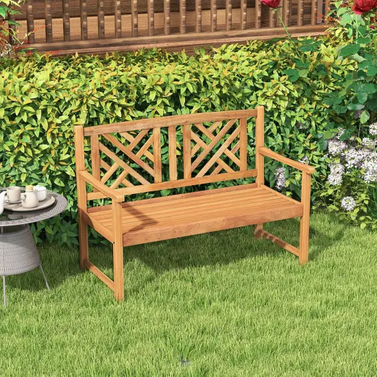 Costway Patio Acacia Wood 2-Person Slatted Bench Outdoor Loveseat Chair Garden Natural {5}