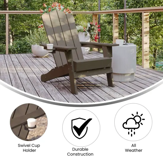 Merrick Lane Nassau Adirondack Chair with Cup Holder, Weather Resistant HDPE Adirondack Chair Brown {2}