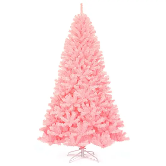 Costway 7.5Ft Hinged Artificial Christmas Tree Full Fir Tree New PVC w/ Metal Stand Pink {2}