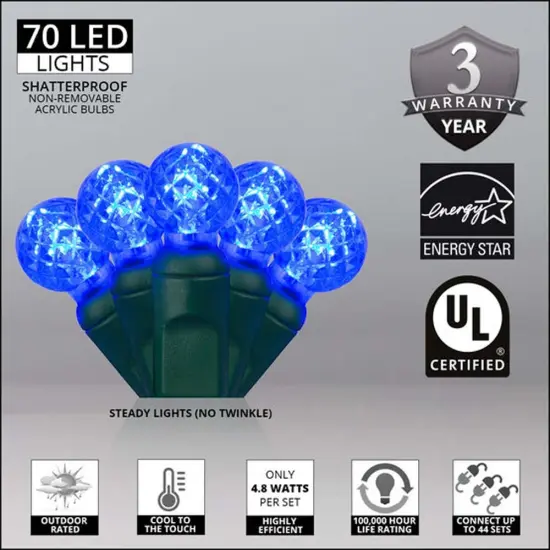 70 Blue G12 LED String Lights, Green Wire, 4" Spacing {3}