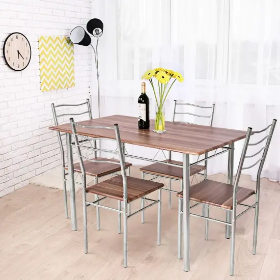 5 pcs Wood Metal Dining Table Set with 4 Chairs Walnut {1}