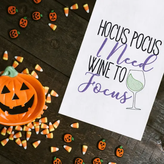 Hocus Pocus I Need Wine to Focus Halloween Embroidered Flour Sack Cotton Kitchen Towel {3}