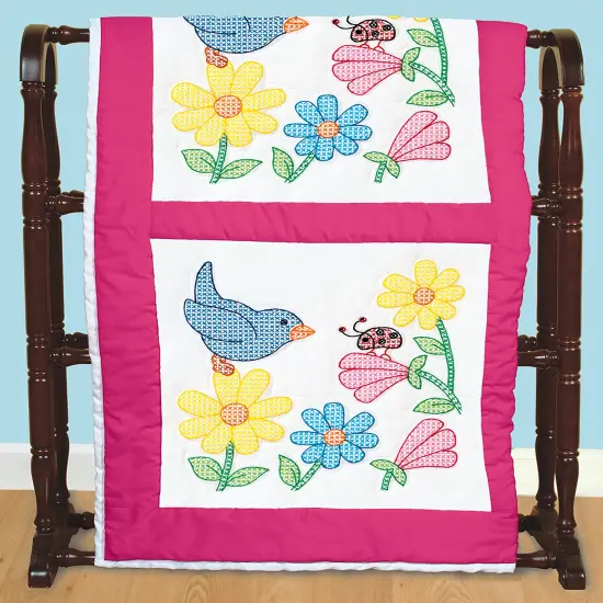 Jack Dempsey Stamped White Quilt Blocks 18"X18" 6/Pkg-Birds & Flowers {2}