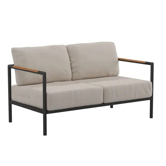 Merrick Lane Eastport Outdoor Loveseat with Removable Plush Fabric Cushions and Teak Accented Aluminum Frame Light Gray {1}