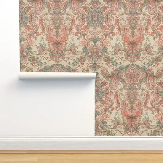 Peel & Stick Wallpaper 2FT Wide Pink Florla Teal Wallpaper Angels Italian Coral Baroque Ancient Acanthus Rococo Rosette Large Scale Custom Removable Wallpaper by Spoonflower {2}