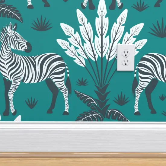 Pre-Pasted Wallpaper 2FT Wide Teal Nature Animal Zebra Africa Wildlife Savanna Large Scale Safari Feathers Damask Grassland Custom Pre-pasted Wallpaper by Spoonflower {4}