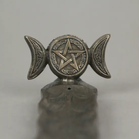 Triple Moon Pentacle Bronze Finished Stick Incense Burner Wiccan Pagan {5}