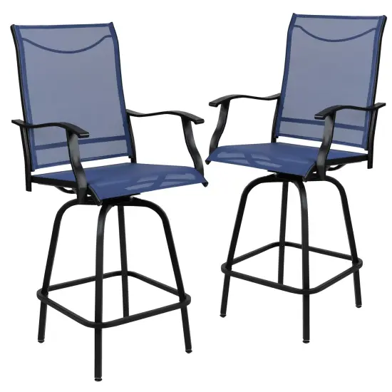 Merrick Lane Set of 2 Brett High Back Bar Height Swivel Patio Stools with Powder Coated Metal Frames and Textilene Upholstery Navy {1}
