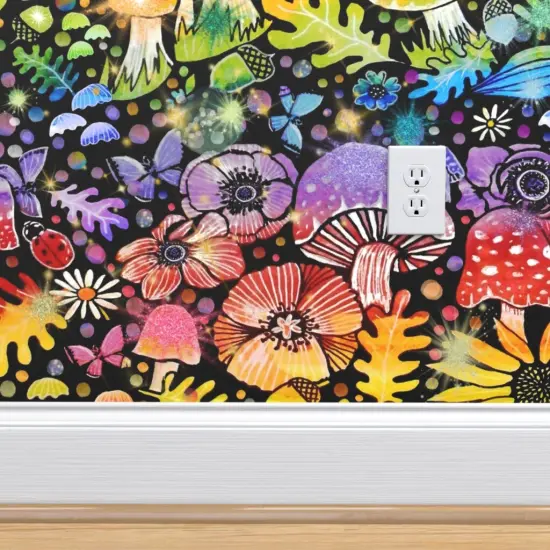 Peel & Stick Wallpaper 2FT Wide Rainbow Mushrooms Colorful Sunflower Anemone Botanical Woodland Red Blue Custom Removable Wallpaper by Spoonflower {4}