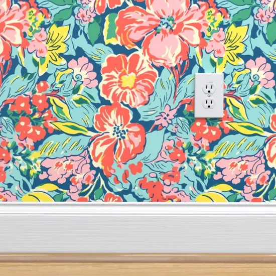 Peel & Stick Wallpaper 2FT Wide Tropical Florals Coral Flowers Island Hibiscus Pink Green Red Yellow Botanical Tropics Beach Colorful Custom Removable Wallpaper by Spoonflower {4}