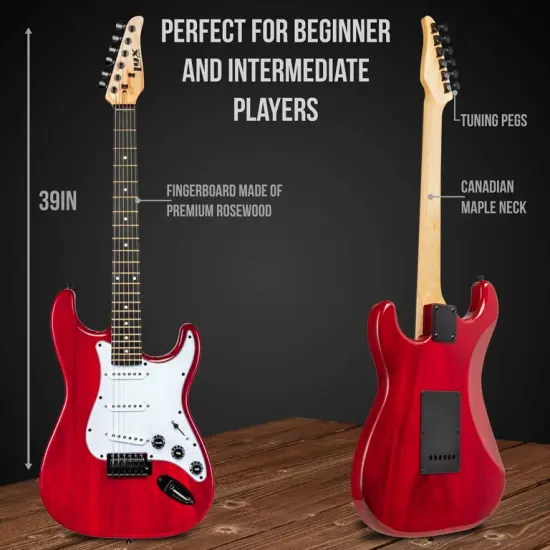 LyxPro Beginner Stratocaster 39&rdquo; Electric Guitar and Electric Guitar Accessories Red {5}
