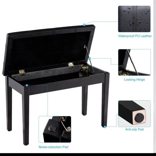 Solid Wood PU Leather Piano Double Duet Keyboard Bench Black {3}