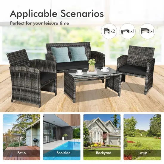 4 Pieces Patio Rattan Furniture Set with Glass Table and Loveseat Black {3}