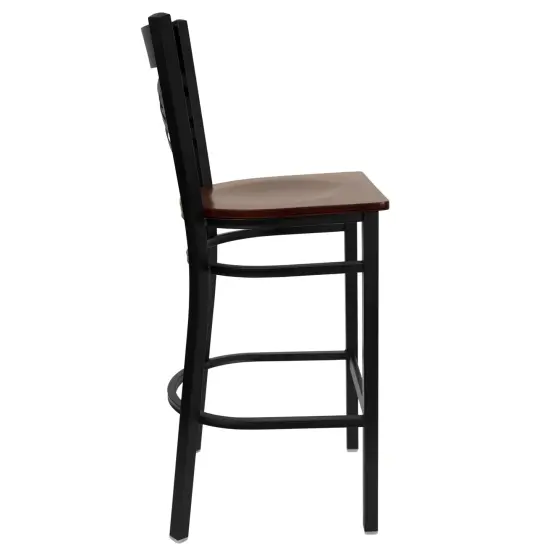 Emma and Oliver 2 Pack "X" Back Metal Restaurant Barstool Walnut/BlackMetal {9}