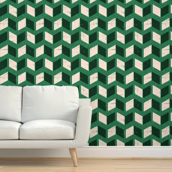 Peel & Stick Wallpaper 2FT Wide Vintage Cream Green Retro Dark Ikat Pattern Faux Modern Mid-Century Funky Geometric Large Scale Custom Removable Wallpaper by Spoonflower {5}