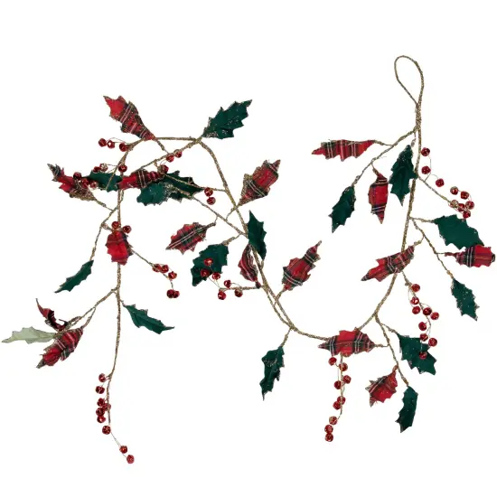 Northlight 5' Green and Red Plaid Holly with Jingle Bells Christmas Garland - Unlit {1}