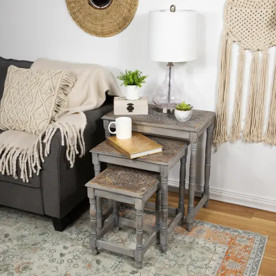 Northlight Set of 3 Matte Gray Etched Stackable Nesting Side Tables 24" {3}