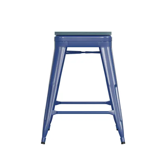 Emma and Oliver Kam Backless Metal Indoor-Outdoor Stool with All-Weather Polystyrene Seat Blue/Teal-Blue {3}