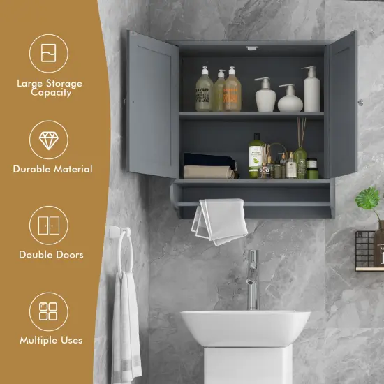 Wall Mounted Bathroom Storage Medicine Cabinet with Towel Bar Gray {5}