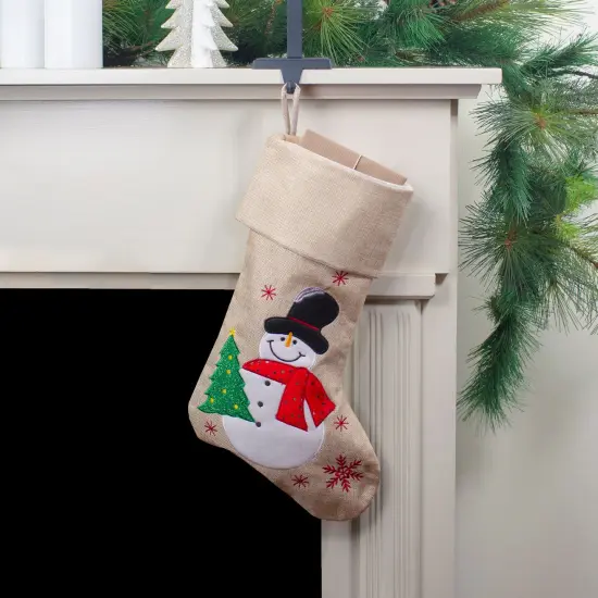 Northlight 19" Burlap Standing Snowman With a Tree and Snowflakes Christmas Stocking Beige {3}