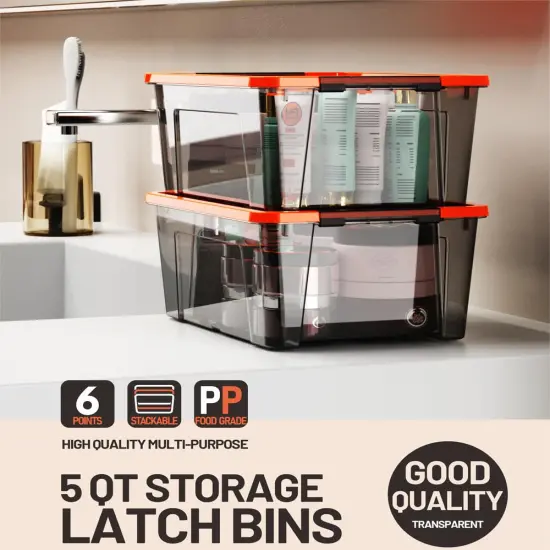 WYT 5-Quart Small Storage Container Bin with Orange Secure Lid and Black Clear Latch Buckles, Durable Plastic Stackable Nestable Organizin, 6-Pack {4}