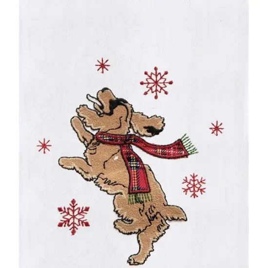 Festive Dog Jumping Christmas Holiday Machine Washable Embellished Flour Sack Kitchen Towel 27L x 18W in. {3}