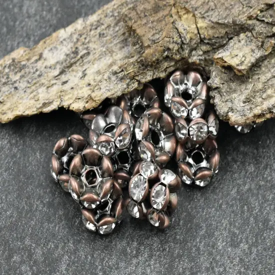 Antique Copper w/ Crystal Rhinestone Wavey Edge Rondelle Spacer Beads {1}