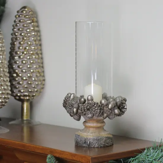 Raz 11" Rustic Acorn and Pinecone Tree Pillar Candle Holder with Glass Case Brown {4}