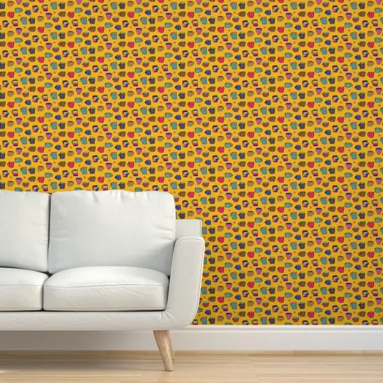 Pre-Pasted Wallpaper 2FT Wide Yellow Whimsical Small Scale Kitchen Mug Coffee Cup Kitsch Tea Lover Custom Pre-pasted Wallpaper by Spoonflower {5}