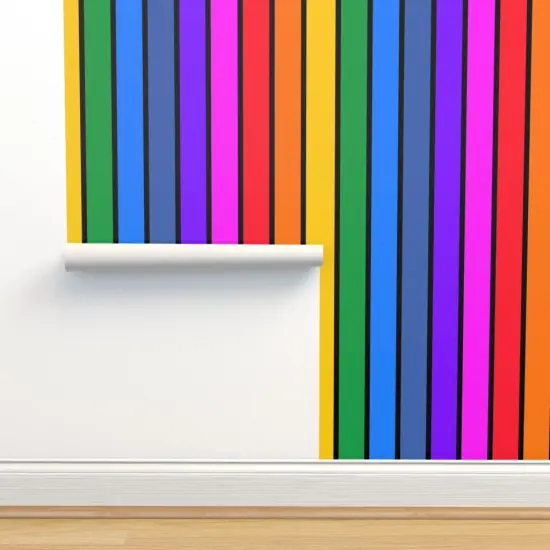 Pre-Pasted Wallpaper 2FT Wide Rainbow Vertical Stripe Bright Black Striped Large Scale Dopamine Home Pride Lgbtqia Custom Pre-pasted Wallpaper by Spoonflower {2}