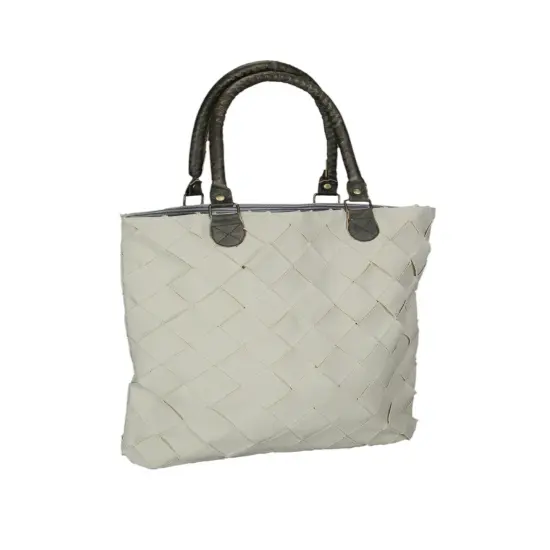 Lattice Basket Weave Cotton Tote Bag W/ Leather Handles 16 X 15 Inches {1}