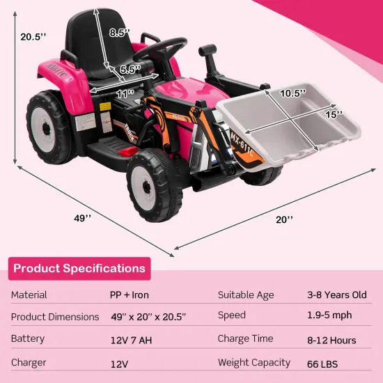 Kids Ride-On Excavator with Manual and Remote Control, LED Lights Pink {4}