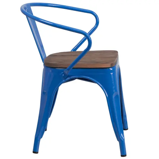 Emma and Oliver Metal Chair with Wood Seat and Arms Blue {4}