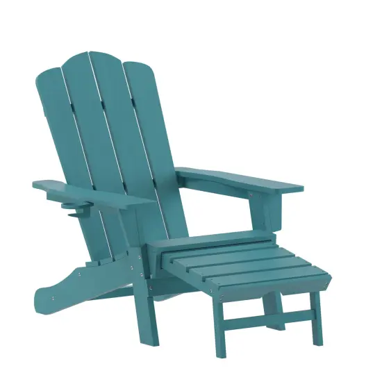 Merrick Lane Nassau Adirondack Chair with Cup Holder and Pull Out Ottoman, All-Weather HDPE Indoor/Outdoor Lounge Chair Blue {1}