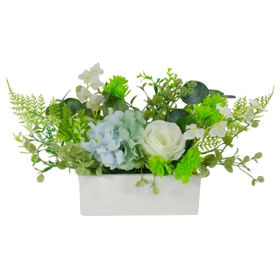Northlight Hydrangea and Rose Artificial Floral Arrangement in Planter - 14" - Blue and White Green {1}
