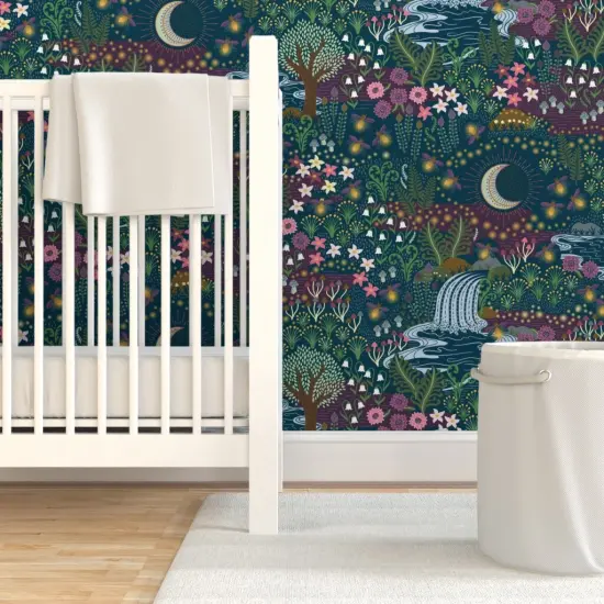 Pre-Pasted Wallpaper 2FT Wide Magical Garden Woodland Floral Whimsical Night Botanical Fireflies Moon Jewel Tone Custom Pre-pasted Wallpaper by Spoonflower {7}