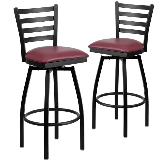 Emma and Oliver 2 Pack Ladder Back Swivel Metal Barstool BurgVYL/BlackMetal {1}