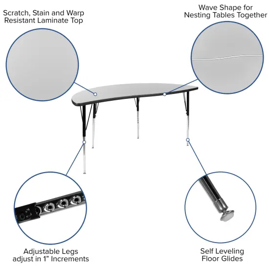 Emma and Oliver 3 Piece 86" Oval Wave Collaborative Grey Adjustable Activity Table Set {3}