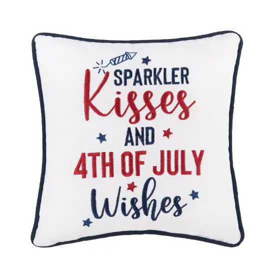 Patriotic "Sparkler Kisses & 4th of July Kisses" Embroidered Small/Petite Square Accent Pillow, 10" x 10" {1}