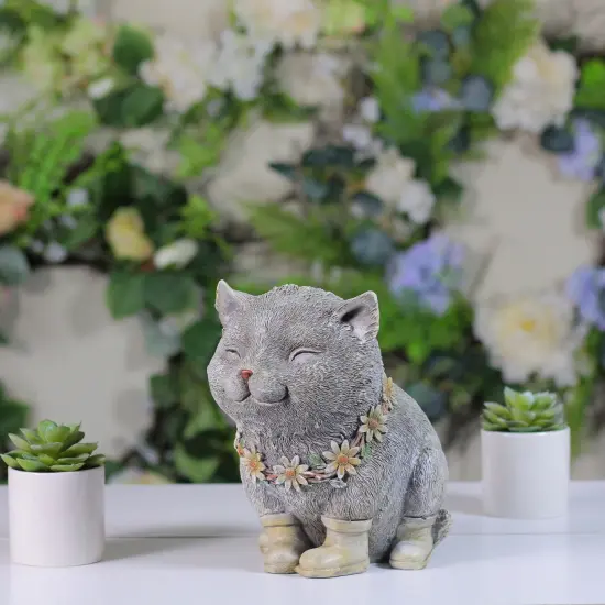 Roman 7.75" Gray and White Outdoor Pudgy Cat in Rain Boots Garden Statue {4}