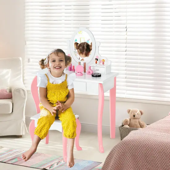 Kids Vanity Princess Makeup Dressing Table Stool Set with Mirror and Drawer White {2}