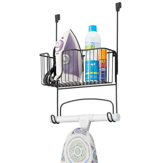 mDesign Metal Over Door Ironing Board Holder with Large Storage Basket {1}